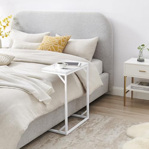 C-Shaped End Table, Small Sofa Table with Metal Frame, Adjustable Height Side Table for Couch, Living Room, Bedroom, Bedside (White, Medium) - color: White, size: Medium