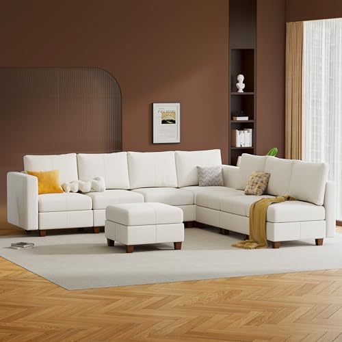 MINCETA Modular Sectional Sofa, Modern Comfy Sofa with Upholstered and Storage Ottoman for Living Room,Bedroom(White, 7 Seat L Shape+1 Ottoman) - color: White, size: 118.2"W*112.7"D + 26.8"W*26.8"D