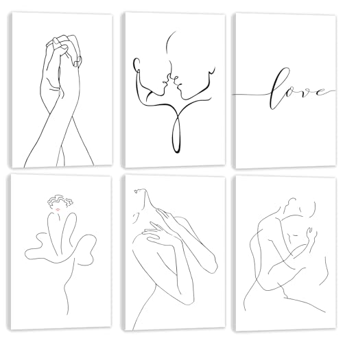 HoozGee Minimalist Line Wall Art Prints with Built-in Wooden Frame Black and White Modern Love Abstract Canvas Print Poster Art for Living Room Bedroom Office Home Room Decor (12"x16" FRAMED) - size: 12"x16" FRAMED