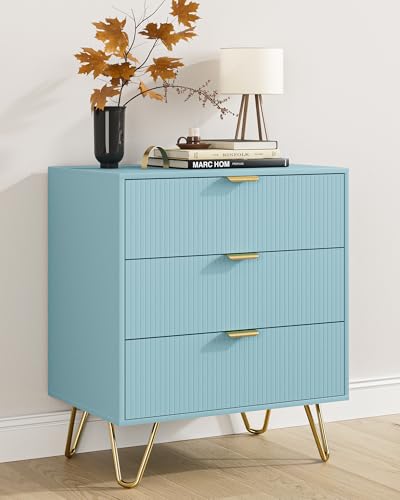 3 Drawer Dresser for Bedroom, 27.6" Modern Storage Dresser, Blue | Modern Chests of Drawers, Small Storage Bedroom Dresser with Gold Handles, Large Fluted Nightstand with 3 Drawers for Bedroom - color: Blue
