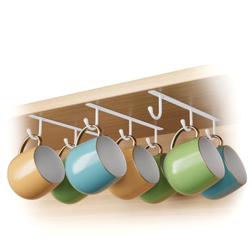 ECROCY Coffee Mug Holder Screw Mounting, 3 Pack Coffee Cup Holder with 9 Hooks, Sturdy Mug Hooks Under Cabinet with Wide Hook Spacing - color: White