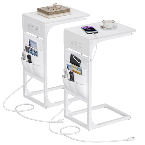 TUTOTAK C Shaped End Table with Charging Station, Side Table for Sofa | Couch Table with Storage Bag, TV Tray with 2 USB Ports and Outlets, Set of 2, Living Room and Bedroom, White TB01BW0242 - color: White, size: 2 Pack (11.8"W), style: With Plug
