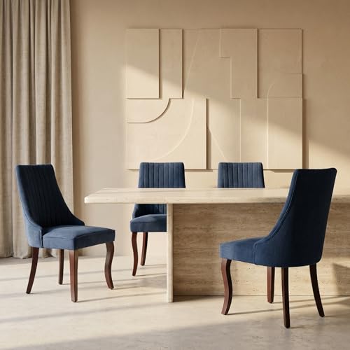 Upholstered Dining Chairs Set of 4, High Back Side Chairs for Kitchen and Dining Room, Mid-Century Modern Fabric Seating with Solid Wood Legs, Blue - color: Blue, size: Set of 4