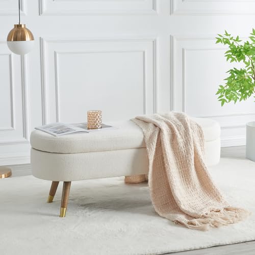IAFIKE Oval Storage Bench 43.5" Ottoman Bench Upholstered Boucle Fabric Footrest Bench with Golden Metal Legs End of Bed for Bedroom, Living Room, Entryway,Bed Side (Ivory) - color: Ivory