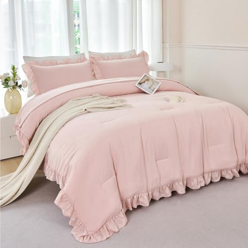 ANGIYUIN 5 Pieces Blush Pink Ruffled Comforter Sets Full Farmhouse Bed in A Bag with Layer Ruffle Soft Lightweight Bedding Sets with Sheet Sets, Pillowcases（Blush Pink Full） - color: Blush Pink, size: Full(5Pcs)
