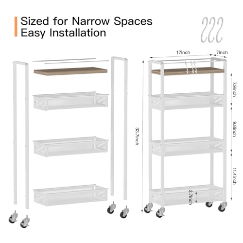 DGSNADGO Slim Rolling Storage Cart, 4-Tier Narrow Kitchen Cart with Wheels | Metal Mobile Snack Shelving, Skinny Rolling Spice Rack for Small Space in Kitchen, Living Room, Bathroom, Beige and White - color: Beige+white