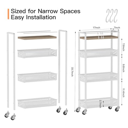 DGSNADGO Slim Rolling Storage Cart, 4-Tier Narrow Kitchen Cart with Wheels | Metal Mobile Snack Shelving, Skinny Rolling Spice Rack for Small Space in Kitchen, Living Room, Bathroom, Beige and White - color: Beige+white