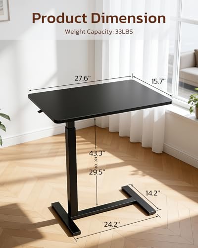 Overbed Bedside Table with Hidden Casters, Adjustable Pneumatic Mobile Laptop Computer Standing Desk, Rolling Laptop Table, Movable Overbed Table Hospital Home Use, Black - color: Black, style: Non-Tiltable