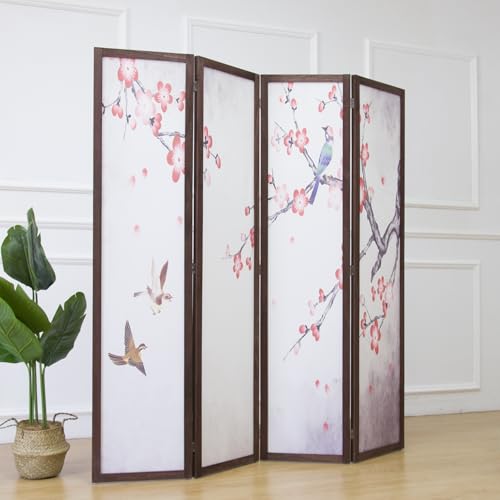 4 Panel Fabric Room Divider with Pattern, 5.6 ft Tall Folding Privacy Screen for Room Separation, Premium Thickened Wood Frame Freestanding Partition Wall, Red Plum (67" H x 63" W) - color: Red Plum