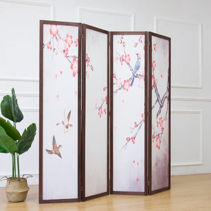 4 Panel Fabric Room Divider with Pattern, 5.6 ft Tall Folding Privacy Screen for Room Separation, Premium Thickened Wood Frame Freestanding Partition Wall, Red Plum (67" H x 63" W) - color: Red Plum