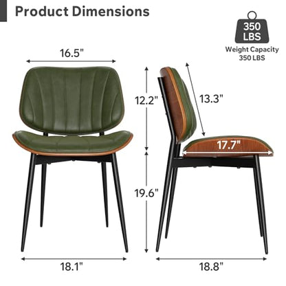 Dining Chairs Set of 4, Mid Century Modern Dining Room Chairs, Upholstered Faux Leather Kitchen Chairs with Walnut Bentwood Back and Metal Legs, Green - color: Green, size: Set of 4