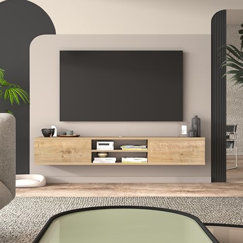 Oak Floating TV Stand Under TV Shelf, Wall Mounted Shelf, Modern Floating Entertainment Center, 71" Large Storage Media Console Wall Unit for Living Room,Bedroom (Oak) - color: Oak