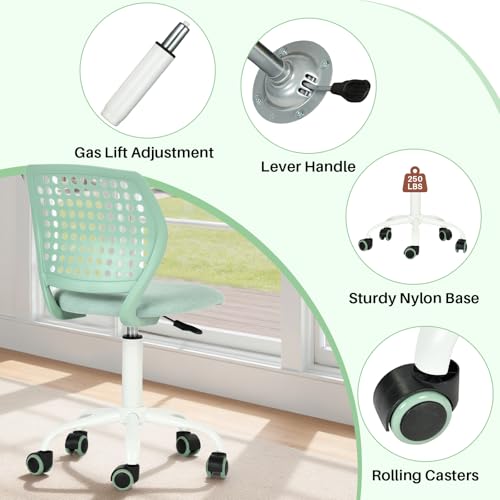 FurnitureR Armless Desk Chair with Wheels, Ergonomic Adjustable Height Swivel Task Chair with Breathable Back and Padded Seat, Rolling Study Computer Seating for Kids Teens, Mint Green - color: Mint Green
