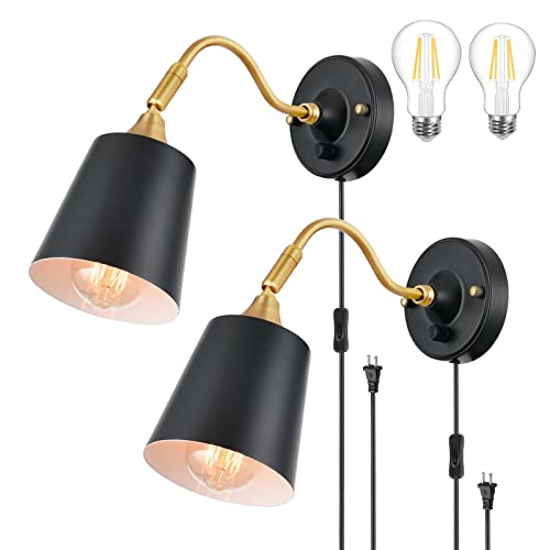 TRLIFE Wall Sconces Plug in, Dimmable Wall Lights with Plug in Cord Adjustable Lighting Angle Wall Mounted Light with On/Off Rotary Switch for Bedside, Bedroom, Over Mirror(2 Pack, 2 Bulbs Included) - color: Black