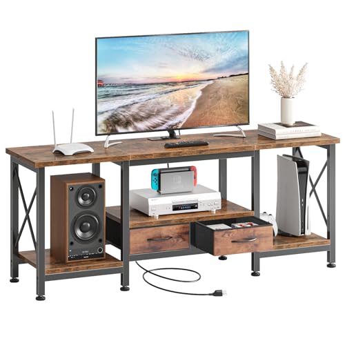 DUMOS 55" TV Stand with Fabric Drawers for 55 60 65 Inches TV | Entertainment Center and Industrial TV Console Table with Open Storage Shelves for Living Room, Bedroom, Rustic Brown - size: 55 Inch