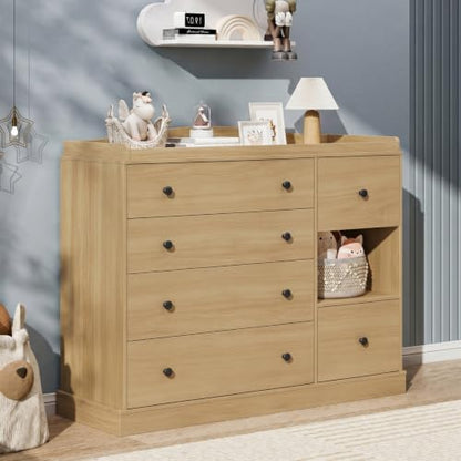 Kids Dresser Cabinet with 6 Drawers, Changing Table for Nursery with Shelf, Multi-Functional Chest of Drawers, Kids Bedroom Furniture, Nightstand for Children's Room, Oak - color: Oak