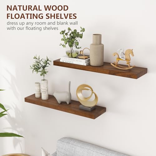 fuqing 30 Inch Floating Shelves 6.7'' Deep Dark Wood Wall Shelves Set of 2 | 30'' x 6.7'' x 1.4'' Rustic Wood Shelves for Bathroom, Living Room, 40LBS, Lightweight, Hardware Included, Waterproof Finish - color: Walnut, size: 30 Inch