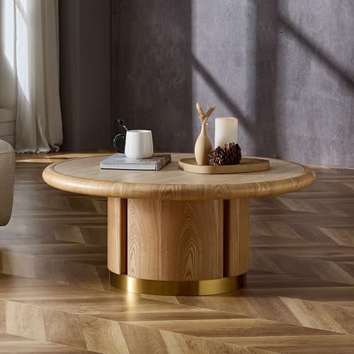 35.43" Round Coffee Table with Sintered Stone Tabletop & Cylindrical Stainless Base, Modern Circle Center Table Tea Table for Living Room, Easy Assembly - Natural - color: 35.43" Coffee Table With Sintered Tabletop, Natural