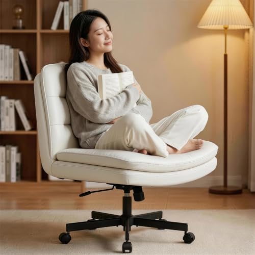 GTPLAYER Cross Legged Office Chair, Armless Desk Chair Cute Vanity Chair with Wheels Computer Chair Comfy Wide Office Chair Adjustable Swivel for Home Computer Task,Pu Leather Beige - color: Velvet-dark Gray, size: Small