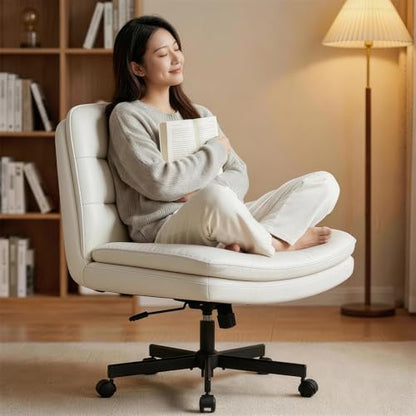 GTPLAYER Cross Legged Office Chair, Armless Desk Chair Cute Vanity Chair with Wheels Computer Chair Comfy Wide Office Chair Adjustable Swivel for Home Computer Task,Pu Leather Beige - color: Velvet-dark Gray, size: Small