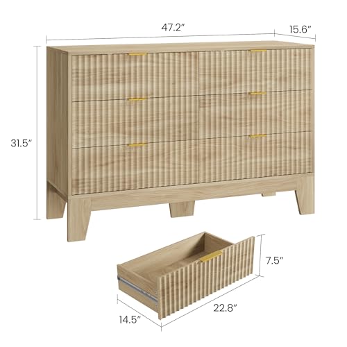 IDEALHOUSE 6 Drawer Dresser for Bedroom, Fluted Dresser for Bedroom | Fluted Door, Sturdy Structure, Easy to Clean - color: Oak, size: 47.2"D x 15.6"W x 31.5"H (6 Drawers)