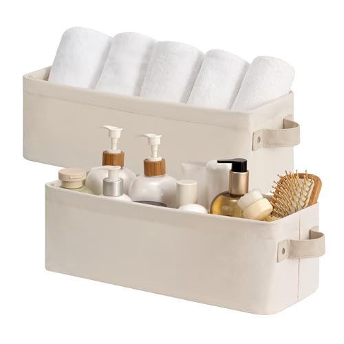 StorageWorks Narrow Storage Bins, Toilet Paper Storage, Beige, 2-Pack | Cottlyn Fabric, With Metal Frame, Sturdy Structure, Reinforced PU Handles, Small Baskets for Bathroom, Closet, Shelf - color: Beige (Cottlyn Fabric), size: 15"L x 6"W x 5"H