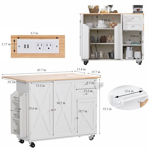 50.4" Kitchen Island with Drop Leaf & Power Outlet, Farmhouse Rolling Island Cart with 3 Spices Shelves on Wheels, Mobil Kitchen Island Table with Rubberwood Countertop Towel Rack, White - size: White