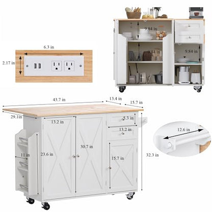 50.4" Kitchen Island with Drop Leaf & Power Outlet, Farmhouse Rolling Island Cart with 3 Spices Shelves on Wheels, Mobil Kitchen Island Table with Rubberwood Countertop Towel Rack, White - size: White