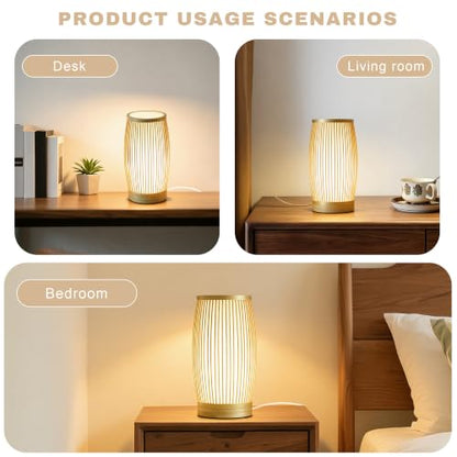 Set of 2 Small Table Lamps, 11" Japandi Bamboo Bedside Lamps with Beige Linen Shades, Boho Nightstand Lamps for Bedroom, Living Room, Dorm Room, Natural - color: Nature