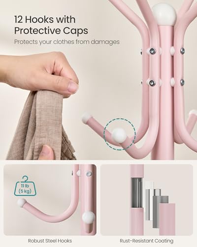 SONGMICS Coat Rack Freestanding, Steel Stand with 12 Hooks and 4 Legs | Coat Tree, Holds Clothes, Hats, and Bags, for Entryway, Living Room, Bedroom, Jelly Pink, ALAN Collection URCR031R01 - color: Jelly Pink, style: 12 hooks