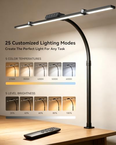 LED Desk Lamp with Clamp, 24W 3-Panel Light for Dual Monitors | 1800 Lumens, 96 LED, 3 Adjustable Panels, 360° Gooseneck, 2700K-6500K Color Temps, Remote, Touch Control, Memory Function - style: 27.2 Inch