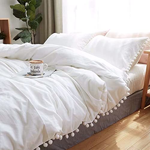 ETDIFFE White Boho Duvet Cover Set Full Size, 3 Piece, 80x90 Inch | Bohemian Pompom Microfiber Bed Comforter Cover Set, Farmhouse Soft & Lightweight Bedding Quilt Cover - color: White, size: Full (No Comforter)