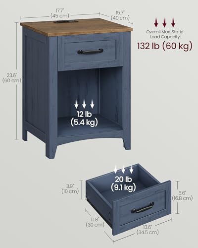VASAGLE LIRY Collection - Farmhouse Nightstand with Charging Station, Bedside Table, Side Table with Drawer, Open Compartment, for Bedroom, Rustic Blue and Honey Brown ULET659Q101S - color: Rustic Blue and Honey Brown, size: 1 PACK, style: 17.7"W x 23.6"H