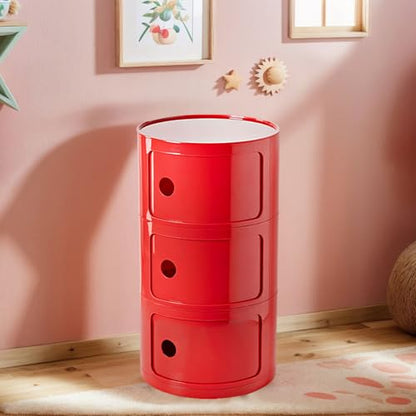3 Tier Round Nightstand with Drawer, Red Round Side Table Small Plastic Storage End Table for Bedroom, Living Room, Bathroom - color: Red