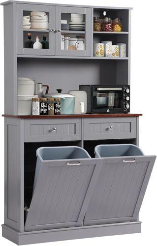 68.4" Kitchen Pantry Storage Cabinet, Freestanding Cupboard with Shelf, 2 Drawers and 2 Tilt Out Trash Cabinet, Tall Cabinets for Kitchen, Dinning Room, Living Room (Elegant Grey, Double Tilt) - color: Elegant Grey