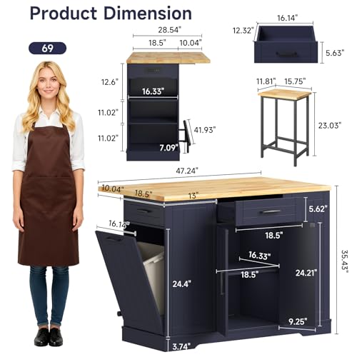 47" Kitchen Island with Seating, Stationary Island Table with Storage Include 2 Chairs, Kitchen Islands with Drop Leaf, Dining Table with Trash Cabinet & Power Outlet & Spice Rack, Blue - color: Blue