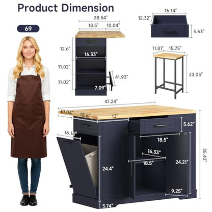 47" Kitchen Island with Seating, Stationary Island Table with Storage Include 2 Chairs, Kitchen Islands with Drop Leaf, Dining Table with Trash Cabinet & Power Outlet & Spice Rack, Blue - color: Blue
