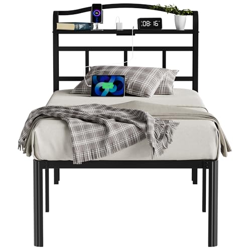 YORMDMO Twin Bed Frame - Heavy Duty Metal Bedframe with Storage Headboard Charging Station, Easy Assembly, No Box Spring Needed, 18 Inch, Black