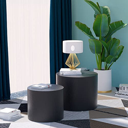 Nesting Coffee Table Set of 2 for Living Room, Modern Round End Table Set, Wooden Circle Side Table and Accent Furniture for Bedroom Balcony Lounge Home Office, No Assembling, Matte Black - color: Black
