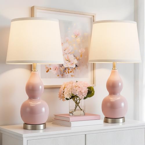 22" Table Lamp Set of 2, Color Temperature Adjustable Double Gourd Ceramic Lamps Classic Nightstand Table Lamps for Bedroom Beside Lamps for Living Room, Pink-Bulbs Included - color: 22.63" Pink Gourd
