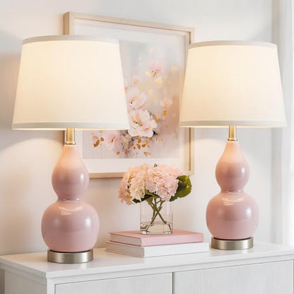 22" Table Lamp Set of 2, Color Temperature Adjustable Double Gourd Ceramic Lamps Classic Nightstand Table Lamps for Bedroom Beside Lamps for Living Room, Pink-Bulbs Included - color: 22.63" Pink Gourd