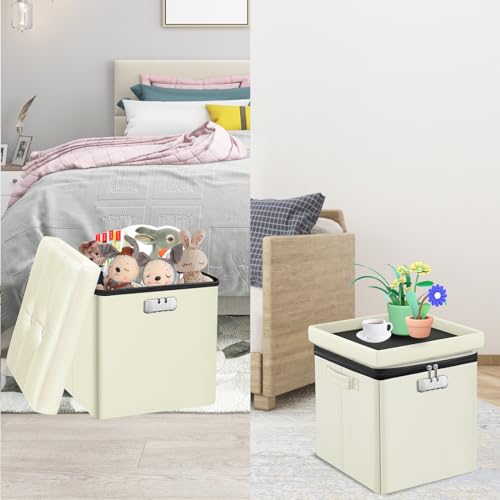 Tamfile Small Ottoman with Storage, 13 x 13 x 13 inch Fireproof Safe Folding Ottoman with Lock for Important Documents, Waterproof Foot Rest Stool with Storage, Ottoman Foot Rest with Handle, Beige