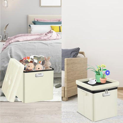 Tamfile Small Ottoman with Storage, 13 x 13 x 13 inch Fireproof Safe Folding Ottoman with Lock for Important Documents, Waterproof Foot Rest Stool with Storage, Ottoman Foot Rest with Handle, Beige