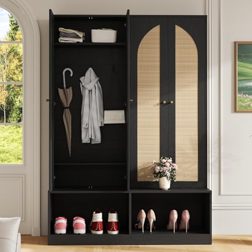 JIVOIT Bohemian Farmhouse Widen Hall Tree with 4 Rattan Doors, Versatile 4-In-1 Hall Tree, Mid-Century Entryway Shoe Cabinet with Adjustable Shelf and 6 Hooks, Seating Bench for Living Room - color: Black//53