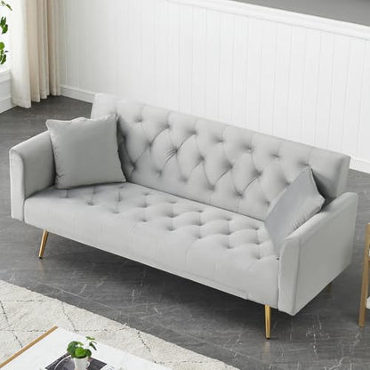 71" Modern Velvet Sofa Bed Futon, Convertible Sleeper Couch, Adj. Backrest | Tufted Recliner Loveseat Design with Golden Chrome Legs & 2 Pillows, Perfect for Small Spaces, Living Room, Apartment - color: Grey