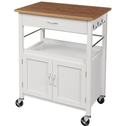 Kitchen Island Cart on Wheels, White Base, Natural Bamboo Top | Drawer, Storage Cabinet, Shelf, Butcher Block - color: White Base