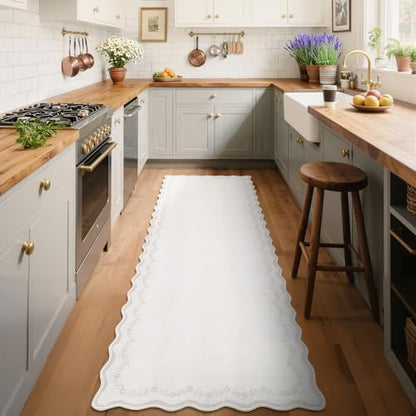 GarveeHome 2.5x8 Scalloped Washable Runner Rug Non Slip Hallway Kitchen Rug | Soft Long Hall Runner Beige Entryway Rug Farmhouse Thin Laundry Mat Stain Resistant Carpet for Bathroom Beside Rug - color: Beige, size: 2'6" x 8' (Rectangular)