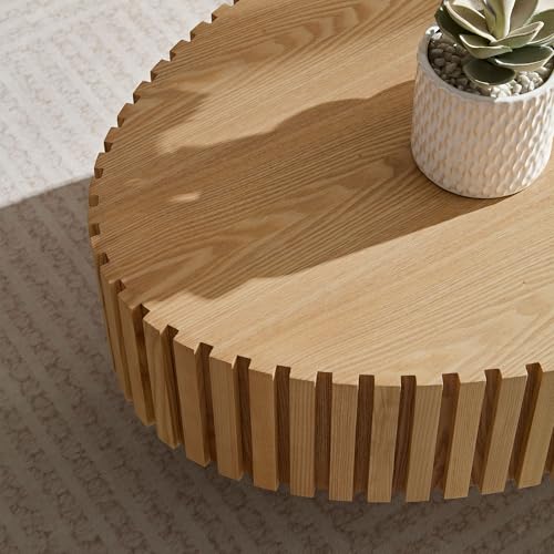 JUSTONE 43.31 Inch Oval Coffee Table, Farmhouse Wood Farmhouse Style with Handcrafted Relief & Circle Drum Design for Living Room & Apartments, 43.31x13.78 Inches (Oak) - color: 43.3'' Oval - Oak