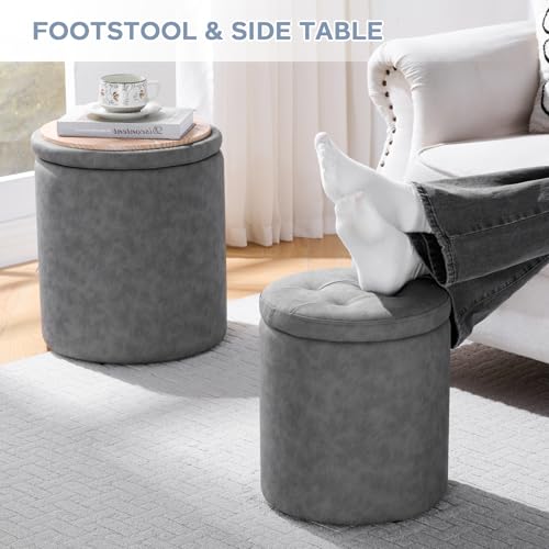 oakvivo 12.6" W x 14.17" H & 14.76" W x 17.32" H Storage Ottoman Foot Stool for Couch, Nesting Round Vanity Stools Padded Ottomen, Leather Set of 2 Footrest for Living Room,Grey - color: Grey