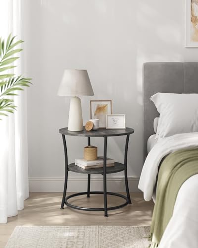 VASAGLE 21.7-Inch Round Side Table, 2-Tier End Table | Nightstand with Steel Frame, Spacious Top, for Small Spaces, Living Room, Bedroom, Misty Gray and Ink Black ULET056G68 - color: Misty Gray + Ink Black, style: Without Power Strip